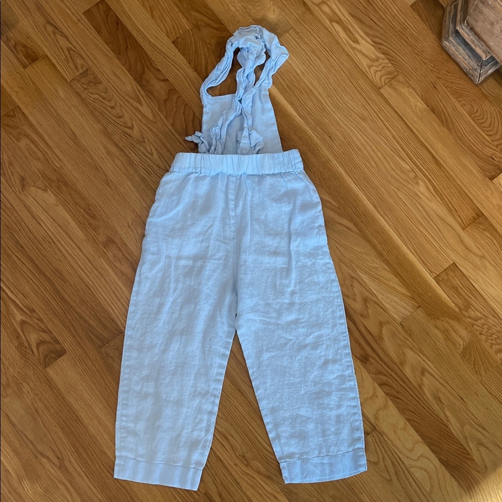 Light Blue Ruffled Strap Linen Overalls - Picture 4 of 4